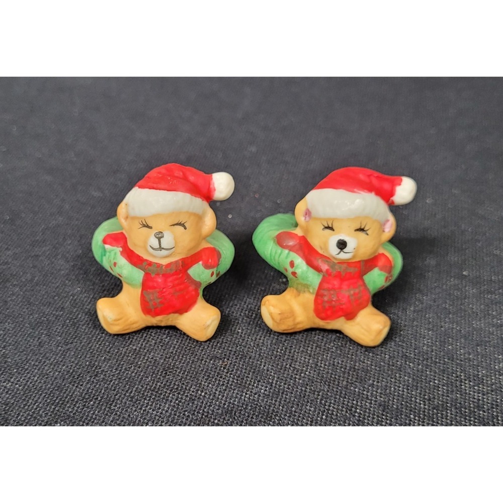Vtg 80s JASCO Bisque Porcelain Christmas Teddy Bear Candle Climbers Huggers Set